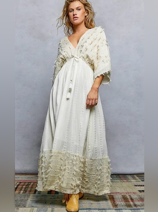 POL Dresses & Skirts - H058 New POL L ptp 17-20 Ivory Boho Maxi Dress with Tassel Tie Beautiful
